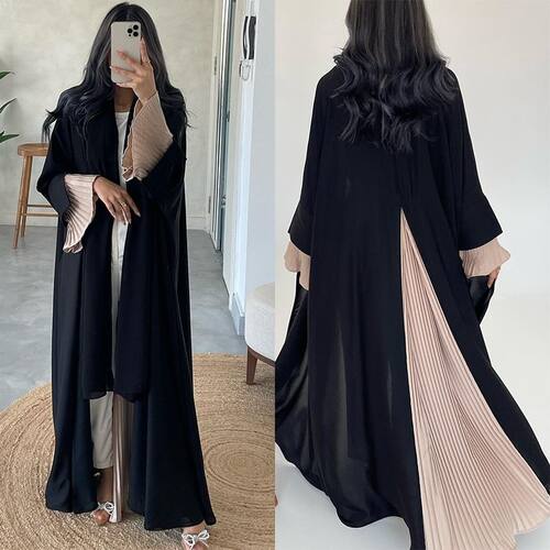 中东新款长袖压褶拼接开衫连衣裙Splicing cardigan robe dress