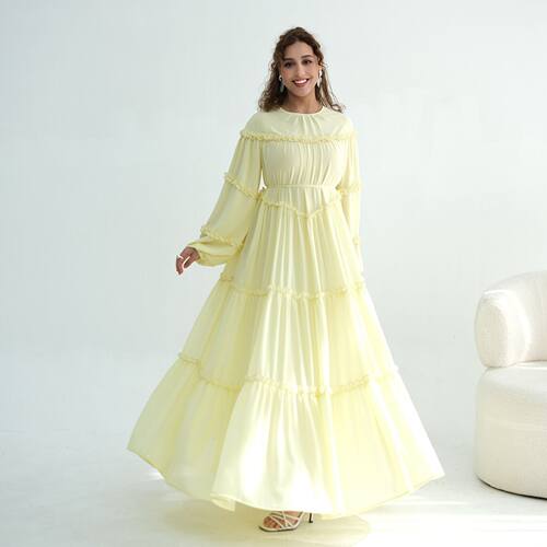 欧美奢华长袖雪纺连衣裙大裙摆蛋糕裙双层直筒长裙 chiffon dress