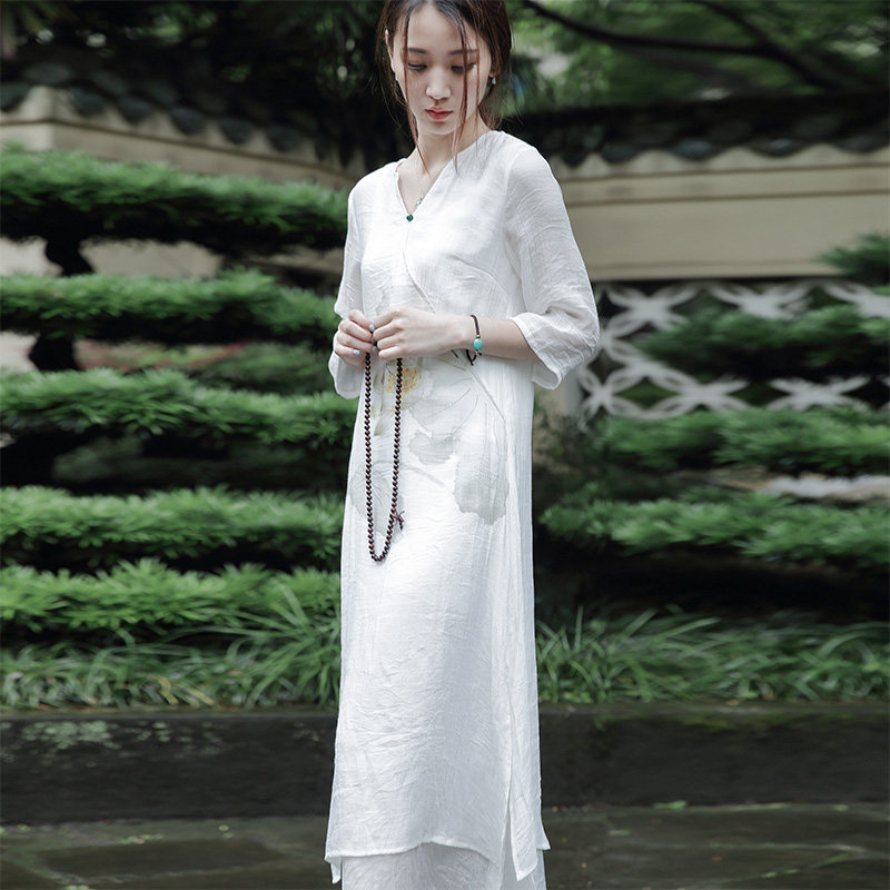茶服清仓款女夏装茶艺服禅意中国风文艺仙气复古棉麻白色连衣裙