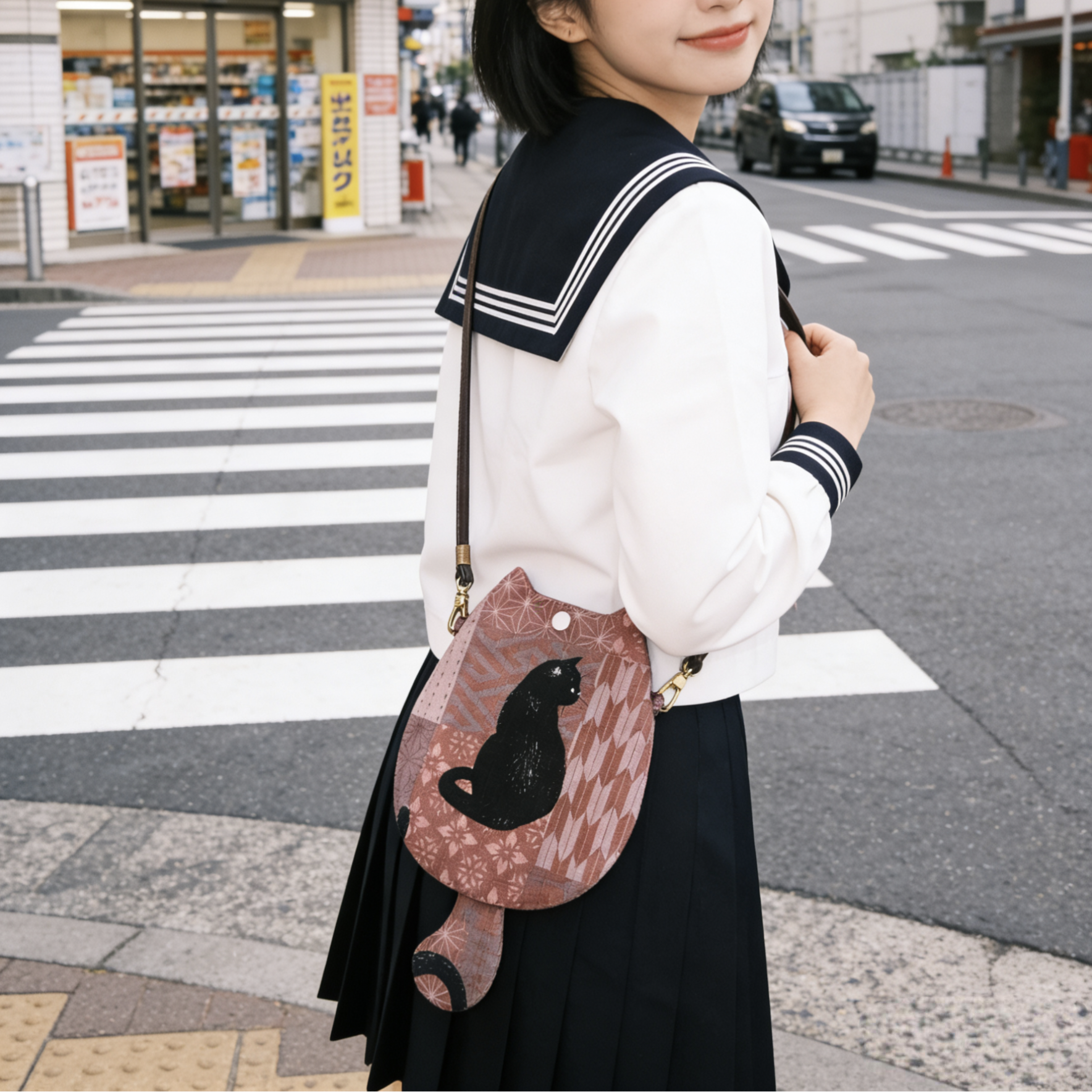 牧荑原创 手工布艺手机包小斜挎包日本进口布料可爱猫咪造型