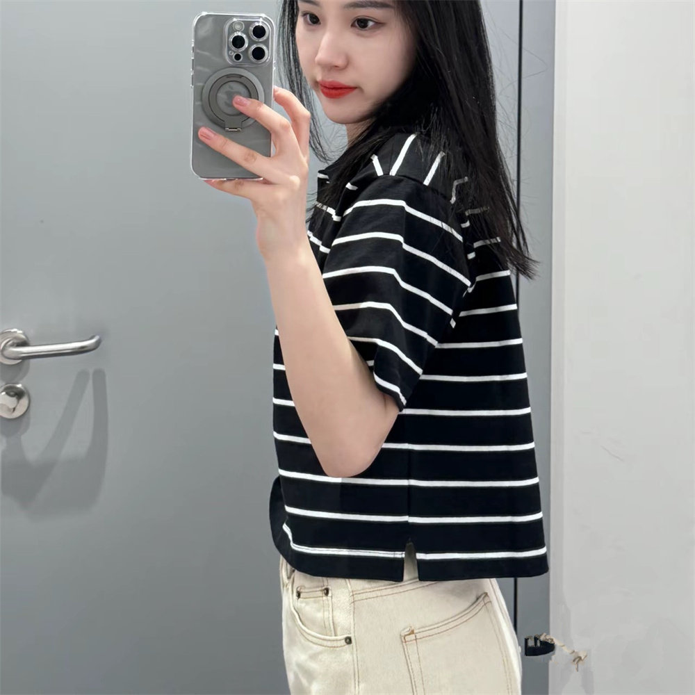 Nike耐克女子黑白撞色翻领条纹纯棉宽松短款短袖POLO衫T恤HM4649