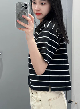 Nike耐克女子黑白撞色翻领条纹纯棉宽松短款短袖POLO衫T恤HM4649