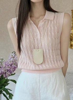 透气和纸纱棉复古麻花POLO领针织衫背心老钱风翻领无袖上衣A65006