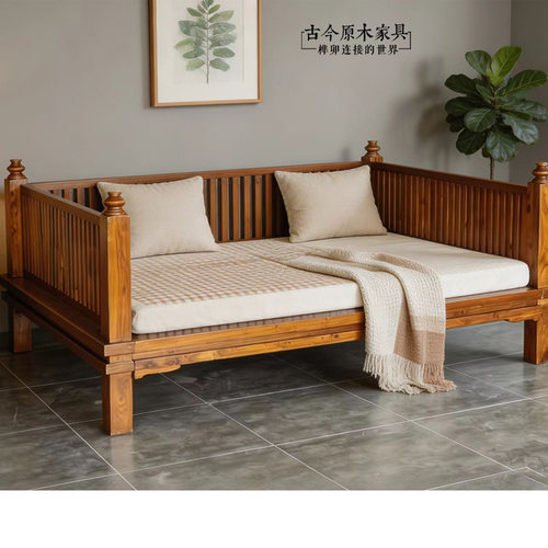 东南亚新中式家具榆木围栏双人床