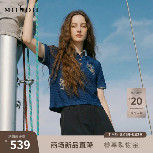 针织牛仔polo衫，海军风蕾丝绣花，百搭