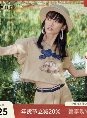 谜底短款上衣女夏季新品复古绣花圆领泡泡袖T恤短袖242MS0595