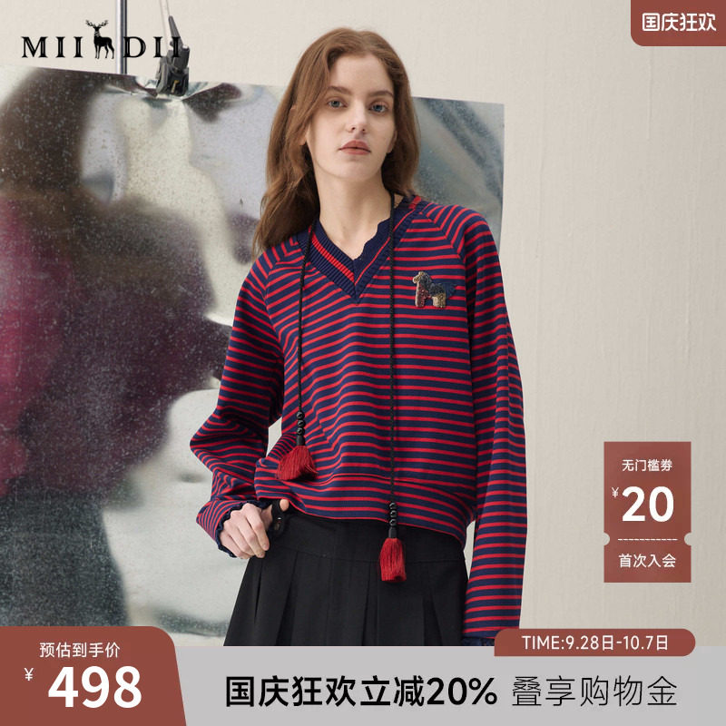 谜底V领卫衣长袖2026年春季新品复古条纹刺绣章仔蕾丝女261MV0011图片