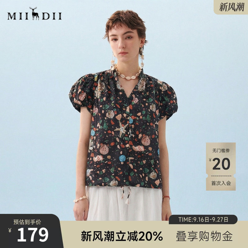 谜底花色衬衫短袖2026年夏季新品印花泡泡袖立领衬衣女266MC6008图片
