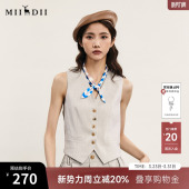 谜底短款 上衣配丝巾242MM0552 马甲女士夏亚麻老钱风V领无袖