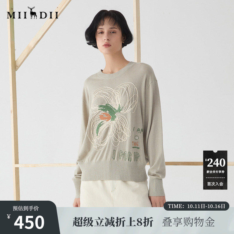 谜底圆领毛衫2025春新品随性慵懒羊毛混纺套头针织衫女251MZ0318