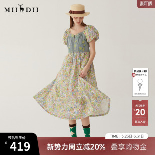 长裙女246ML7028 田园度假风拼接修身 谜底碎花连衣裙短袖 夏款