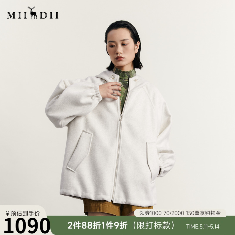 谜底连帽大衣女2023秋季新款时尚百搭羊毛呢宽松外套女233MD1076