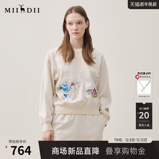 趣味贴布刺绣厚实保暖女254MV1481 新品 谜底圆领卫衣长袖 2025冬季