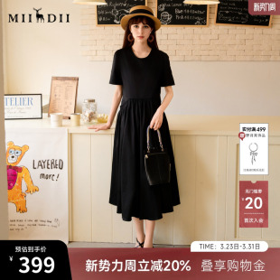 256ML6501 简约圆领大摆中长裙短袖 谜底小黑裙连衣裙2025夏季 新款