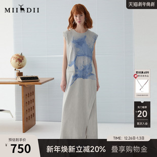 谜底针织连衣裙无袖 文艺风宽肩原创印花长裙251ML0075 2025春新品