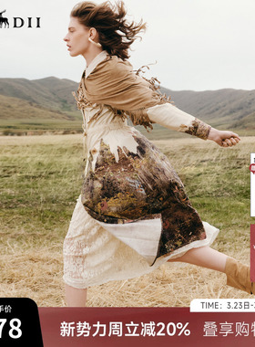 谜底连衣裙长袖女25秋回归乡野翻领印花可调节收腰长裙253ML1082