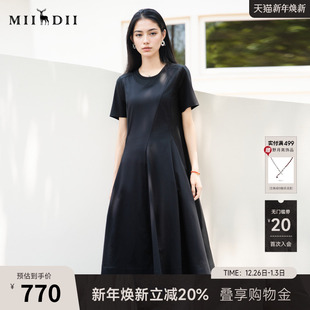 谜底黑色连衣裙短袖 简约风圆领拼接长裙大摆裙25CML5001 2025秋款