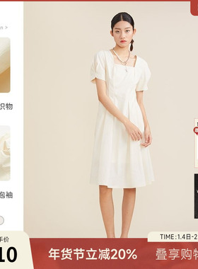 谜底2022夏季新款复古优雅修身收腰方领泡泡短袖连衣裙222ML0582