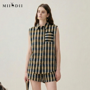 新款 女2025夏季 复古文艺翻领百搭衬衣256MC6272 无袖 谜底格纹衬衫