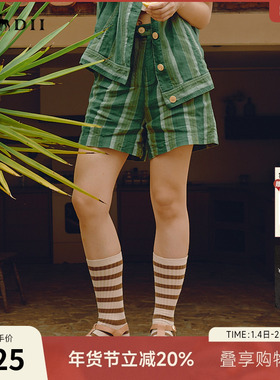 谜底H型直筒短裤女年夏季新品复古条纹亚麻透气裤子242MK0665