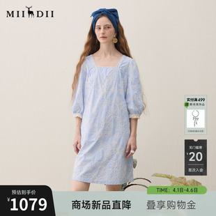 新品 复古绣花蓝白纹蕾丝浪漫女261ML0082 2026春季 谜底连衣裙短袖