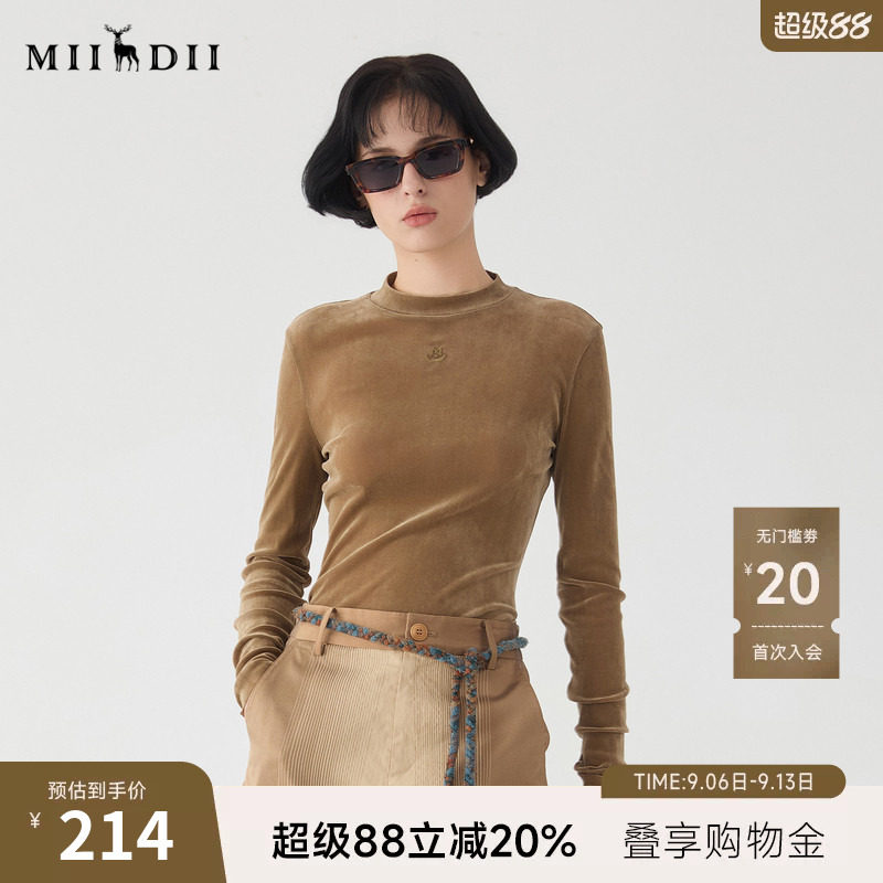谜底丝绒半高领T恤长袖女2025春款极简修身百搭内搭上衣251MT0143图片