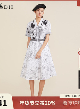 谜底2022夏季新款复古文艺矿石印花纯棉收腰短袖连衣裙222ML0676