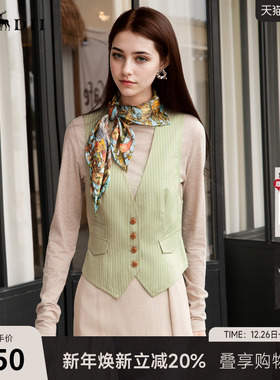 谜底无领西装马甲女2025秋新款复古风修身条纹拼接马夹257MM7721