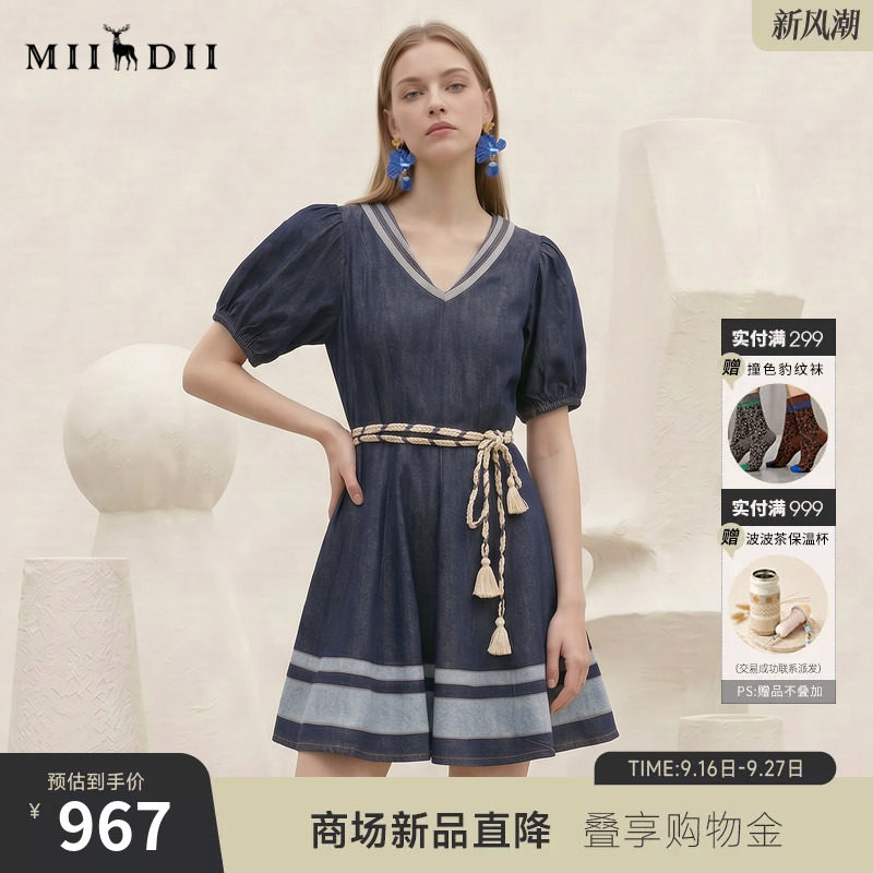 谜底牛仔连衣裙短袖2026秋新品学院风泡泡袖编织腰带女263ML0852图片