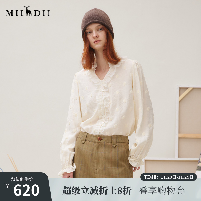 天丝涤雪尼尔波点 V领 花边 时髦