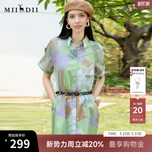 复古风印花中长衬衫 新款 裙256ML6249 2025夏季 谜底花色连衣裙短袖