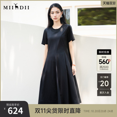 谜底黑色连衣裙短袖2025秋款简约风圆领拼接长裙大摆裙25CML5001