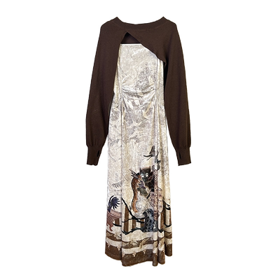 【湘绣系列】谜底两件式连衣裙秋款丝绒吊带裙+毛衫243GL1177