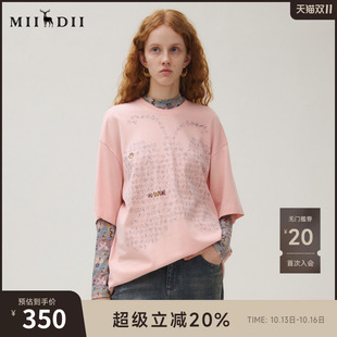 谜底T恤短袖女2025秋季新品休闲百搭印花纯棉磨毛大廓形253MT1038