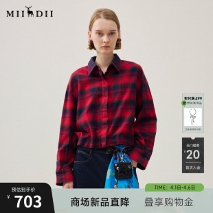 谜底格纹衬衣长袖 新品 复古红格磨毛撞色衬衫 女254MC1661 2025冬季