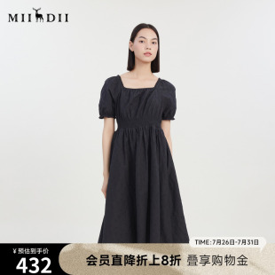 谜底夏新款 暗纹提花收腰长裙232ML0559 方领泡泡袖 连衣裙短袖