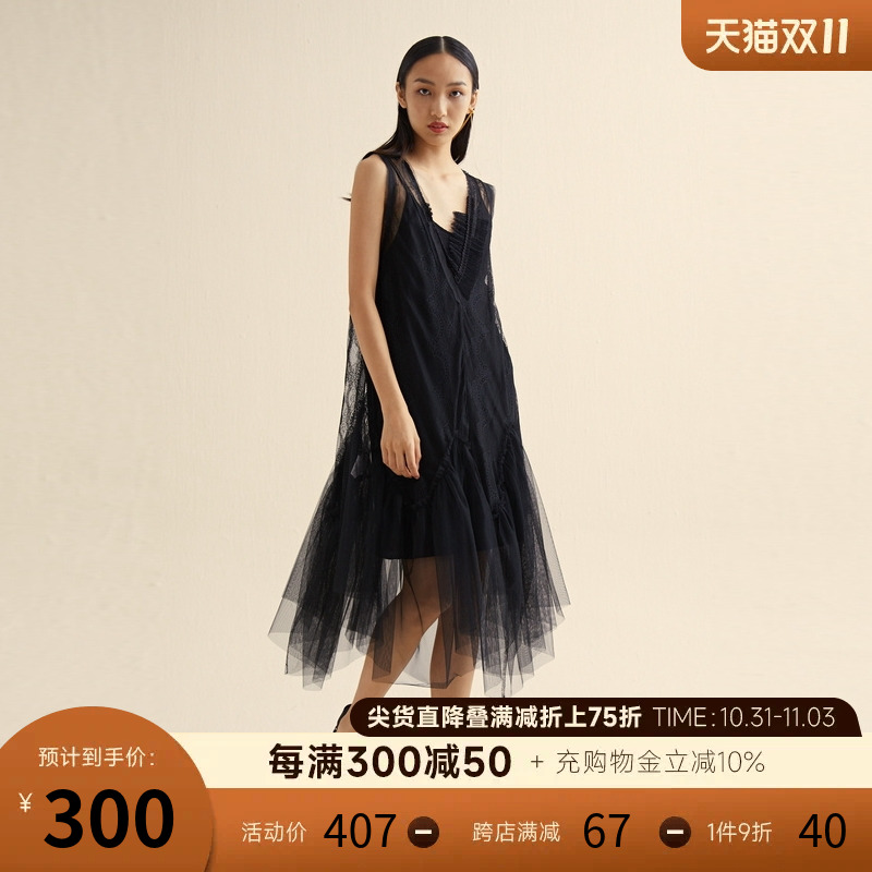 谜底蕾丝小黑裙连衣裙夏新款复古优雅无袖网纱晚礼服裙225ML6019