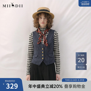 谜底无领西装马甲女2025秋新款复古风通勤条纹修身马夹257MM7722