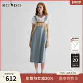 谜底连衣裙女2025夏季 新品 复古拼色牛仔宽松背带中长裙252ML0512