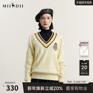 女234MZ1859 老钱风宽松刺绣针织衫 谜底V领套头毛衣女冬季 新款