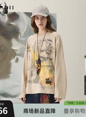 谜底复古印花T恤长袖2026春季新品蜡染柔软松弛微落肩女261MT0001