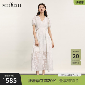 谜底提花长款连衣裙短袖夏波嬉风宫廷风V领收腰裙子242GL0524
