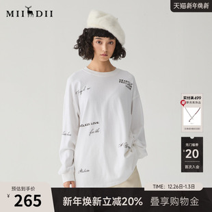 谜底圆领T恤长袖 休闲百搭宽松磨毛刺绣上衣244MT1658 女冬新品