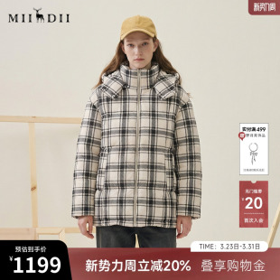 谜底连帽格子羽绒服女2025冬款 复古宽松加厚鸭绒面包服257MY8802