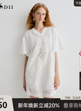 谜底连衣裙短袖女2025夏浪漫波嬉风绣花T恤裙宽松H型裙252ML0641