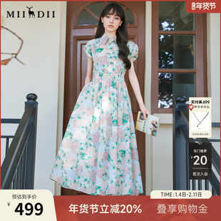 谜底花色连衣裙短袖2025秋季新款复古文艺花苞袖长裙子257ML7860