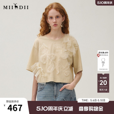 谜底T恤短袖女2025秋季新品文艺网纱贴布绣钉珠短款上衣253MT1235