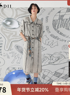 谜底牛仔连衣裙短袖25春BOXYFIT复古H型衬衫式中长裙子251ML0148