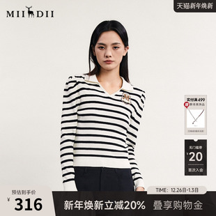 学院风条纹修身 新款 毛衣241MZ0351 女春季 谜底翻领套头针织衫