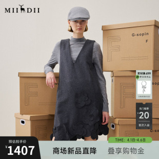 新品 V领A型不规则女254ML1721 2025年冬季 谜底羊毛混纺连衣裙无袖